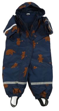 Tmavomodrá šušťáková zimná kombinéza s medveďmi a kapucňou Lindex