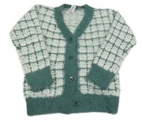 Zeleno-biely kockovaný chlpatý prepínaci sveter