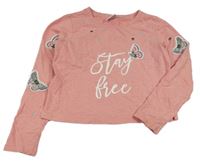 Svetloružová crop mikina s nápisom a motýlikmi Yigga