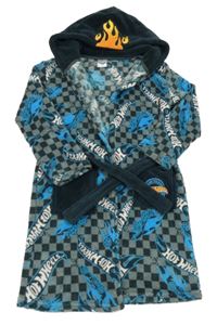 Šedo-černý kostkovaný chlupatý župan Hot Wheels a kapucňou