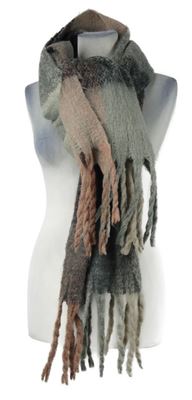 Dámský šedo-světlerůžová kostkovaná vlněná šála s třásněmi 