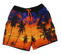 Modro-oranžovo-čierne plážové kraťasy s palmami