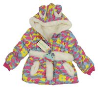 Nové - modro-žlto-ružová vzorovaná šušťáková zimná bunda s opaskom a kapucňou