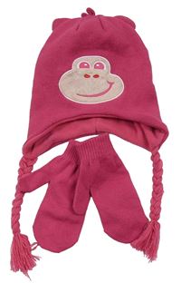 2set - Růžová čepice s opicí + palcové rukavice 