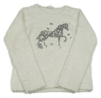 Biely chlpatý sveter s jednorožcem z flitrů Yigga