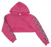 Fuchsiová crop mikina s nápisy na rukávech a kapucňou Shein