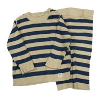 2set - Béžovo-tmavomodrý pruhovaný svetr + tepláky 