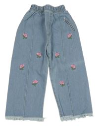 Nové - Modré capri rifle s kytičkami 