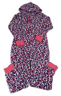 Bílo-tmavomodro-růžová vzorovaná chlupatá kombinéza s kapucí 