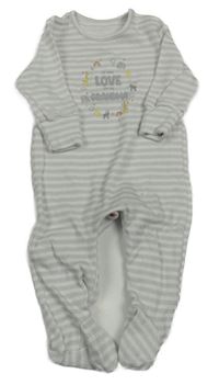 Šedo-bílý pruhovaný overal s nápisem a zvířátky Matalan 