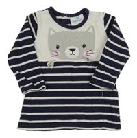 Tmavomodro-bílé pruhované triko s kočkou Topomini