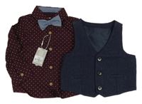 Nové - 3set - Mahagonová vesta s puntíky + slavnostní vesta + motýlek Primark