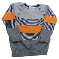 Sivo-tmavomodro-bielo-oranžový melírovaný sveter s pruhmi Topomini