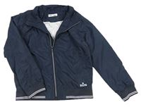Tmavomodrý šusťákový jarní bomber s nápisy a pruhy H&M