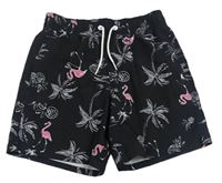 Černé plážové kraťasy s palmami a ananasy a plameňáky Hollister