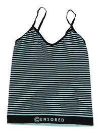 Čierno-svetlomodrý pruhovaný crop top s nápisom