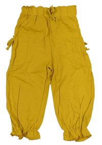 Okrové cargo paper bag ľanové crop nohavice s mašľami a volánikmi