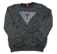 Černo-stříbrný melírovaný svetr s kamínky a otazníkem GUESS