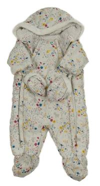 Bílá šusťáková zimní kombinéza se zvířátky a kytičkami a kapucí s kožešinou + rukavice miniclub