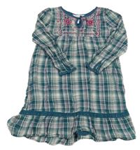 Petrolejovo-bílo-šedo-růžové kostkované košilové šaty s květy H&M