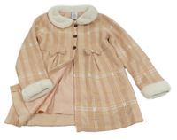 Pudrovo-bielo-okrový kockovaný vzorovaný podšitý kabát s mašľami a kožešinou a golierikom TAHARI