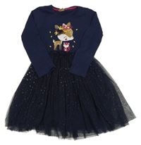 Tmavomodré šaty se srnkou a veverkou a tylem s puntíky Kiki&Koko