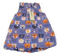 Nové - fialovomodré plátenné balonové podšité šaty s kočičkami name it.