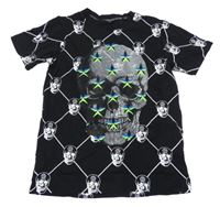 Čierno-biele kárované tričko s lebkami a kamienkami DIAMOND CLUB