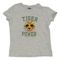 Světlešedé melírované tričko s tygrem a nápisy Lily & Dan