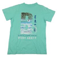 Svetlotyrkysová é tričko s písmenkom a palmami a surferom a nápismi