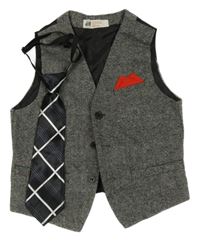 2Set - Černo-bílá melírovaná slavnostní vesta H&M + černo/bílo/modrá károvaná kravata 
