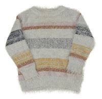 Světlešedo/růžovo-čierno-okrový pruhovaný chlpatý sveter PRIMARK