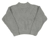 Sivý melírovaný rebrovaný oversize crop sveter s perforovaným vzorom H&M
