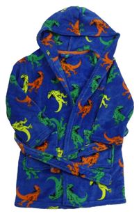 Modrý chlpatý župan s dinosaurami a kapucňou