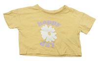 Horčicové crop tričko s nápismi a kvietkom Primark