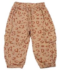 Pudrové plátenné nohavice s leopardím vzorom