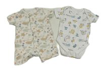 2set - Bílý bavlněný kraťasový overal s mořskými živočichy + bílé body se zvířaty