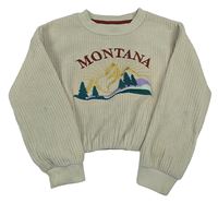 Béžová rebrovaná zamatová crop mikina s horami a stromky Primark