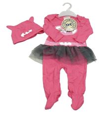 Nové - 2set - Tmavorůžovo-šedý overal s potiskem a tylem - Batgirl + bavlněná čepice