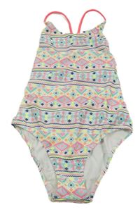 Nové - Bílo-barevné vzorované jednodílné plavky