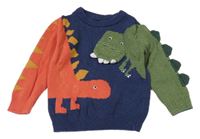 Tmavomodro-oranžovo-zelený svetr s dinosaury Nutmeg
