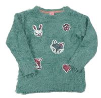 Zelený chlpatý sveter s obrázky z flitrů Kiki&Koko
