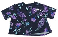 Tmavomodro-fialové květované crop tričko s nápisem H&M