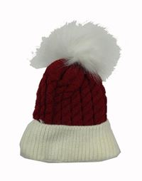 Červeno-bílá pletená čepice s bambulí 