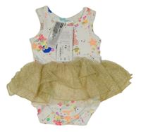 Nové - bílé body s barevným vzorem a zlatou tylovou sukní 