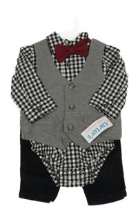 Nové - 4 set - čierne manšestráky + sivá vesta + bielo-čierne kockované body s límečkem + vínový motýlok Carter's