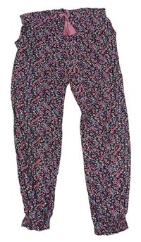 Čierno-modro-ružové kvetované ľahké nohavice Primark