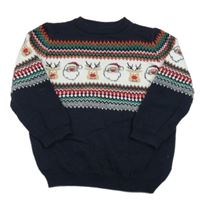 Tmavomodro-bielo-zeleno-červený vzorovaný sveter so Santou a Sobmi Primark
