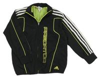 Čierno-bielo-neónově žltá šušťáková jarná bunda s nápisom a pruhmi Adidas
