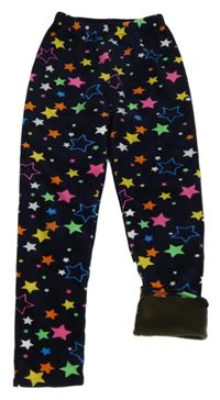 Tmavomodro-barevné plyšové zateplené legíny s hvězdami 